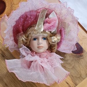 Victorian Pink Porcelain Doll with Lace Hat